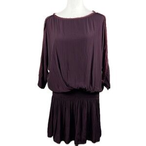 Ramy Brook Wine Burgundy Blouson Mini Dress Sz S Dolman 3/4 Sleeve Smocked
